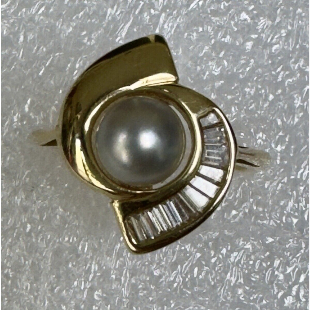 Classic 14k Solid Yellow Gold Natural White Pearl and Diamond Ring Size 4.75 - Picture 7 of 10
